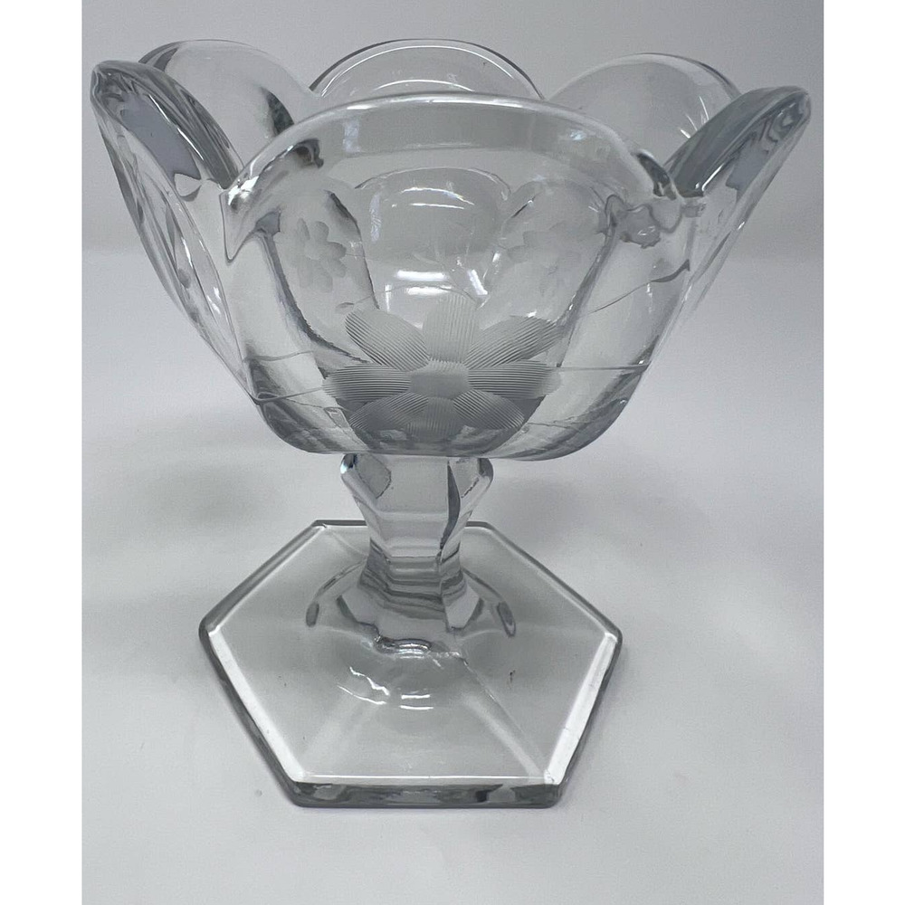 Clear Frosted Floral Scalloped Hexagon Foot 5" Tal x 4 1/2" Wide x 3 1/2" Bottom